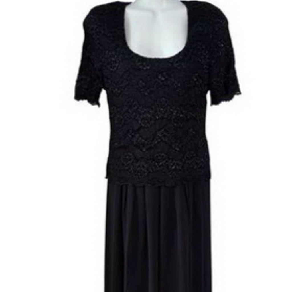 Rhapsody Black Sparkle Mock Two Piece Lace Chiffon Gown